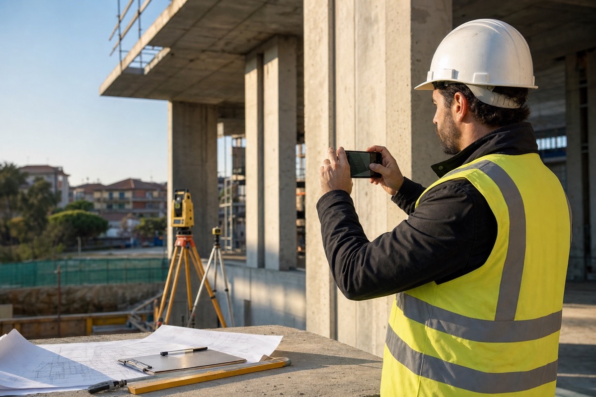 Tecnico che documenta un sopralluogo in cantiere con lo smartphone